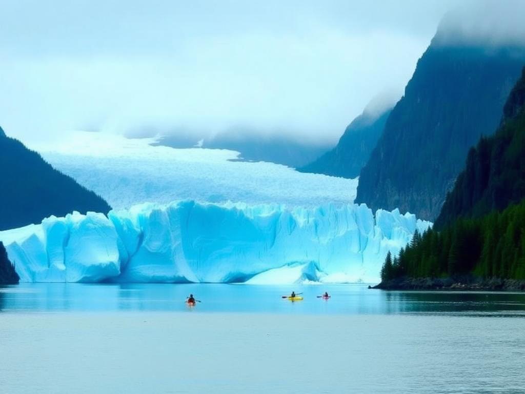 Alaska mountain range and glacier landscape above a pristine coastal waterway