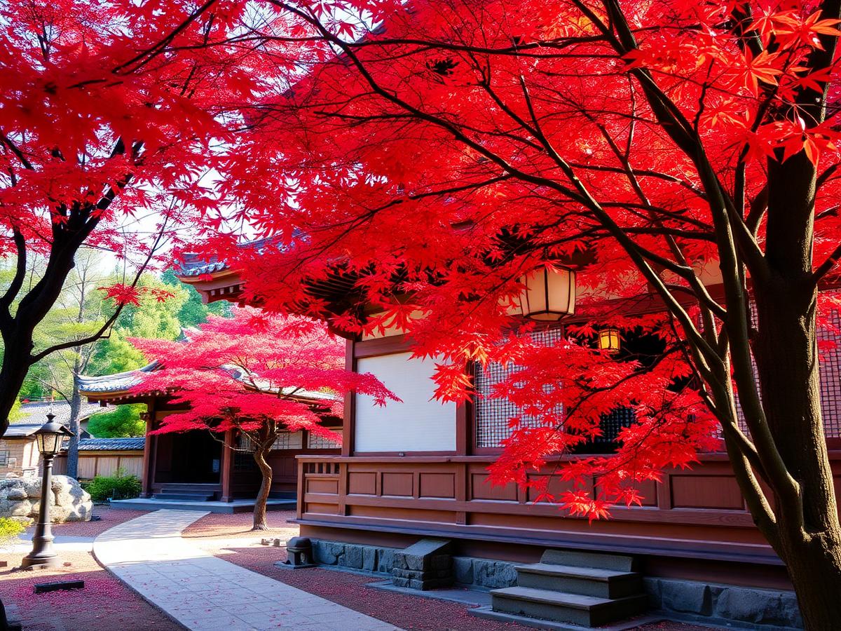 Traditional Japanese architecture framed by brilliant red maple trees