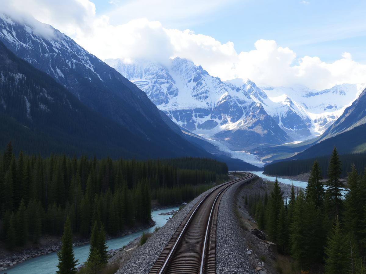 Panoramic Canadian mountain scenery viewed from a daylight train