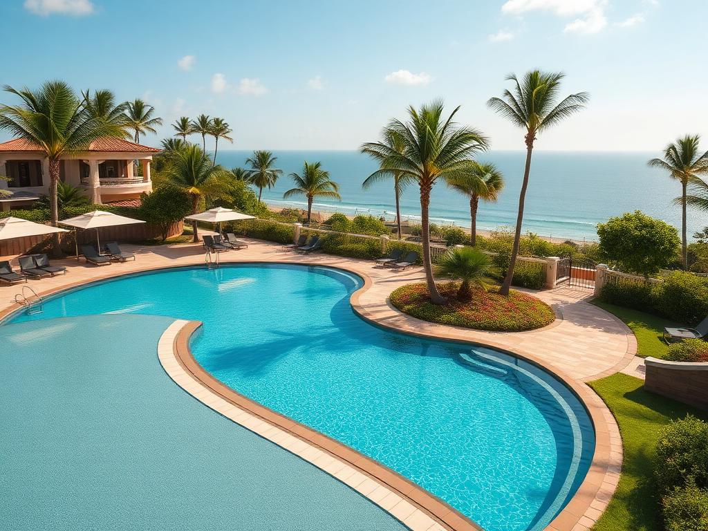 Upscale all-inclusive beachfront resort pool and palm trees