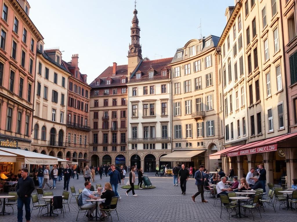Historic European city skyline and river at golden hour