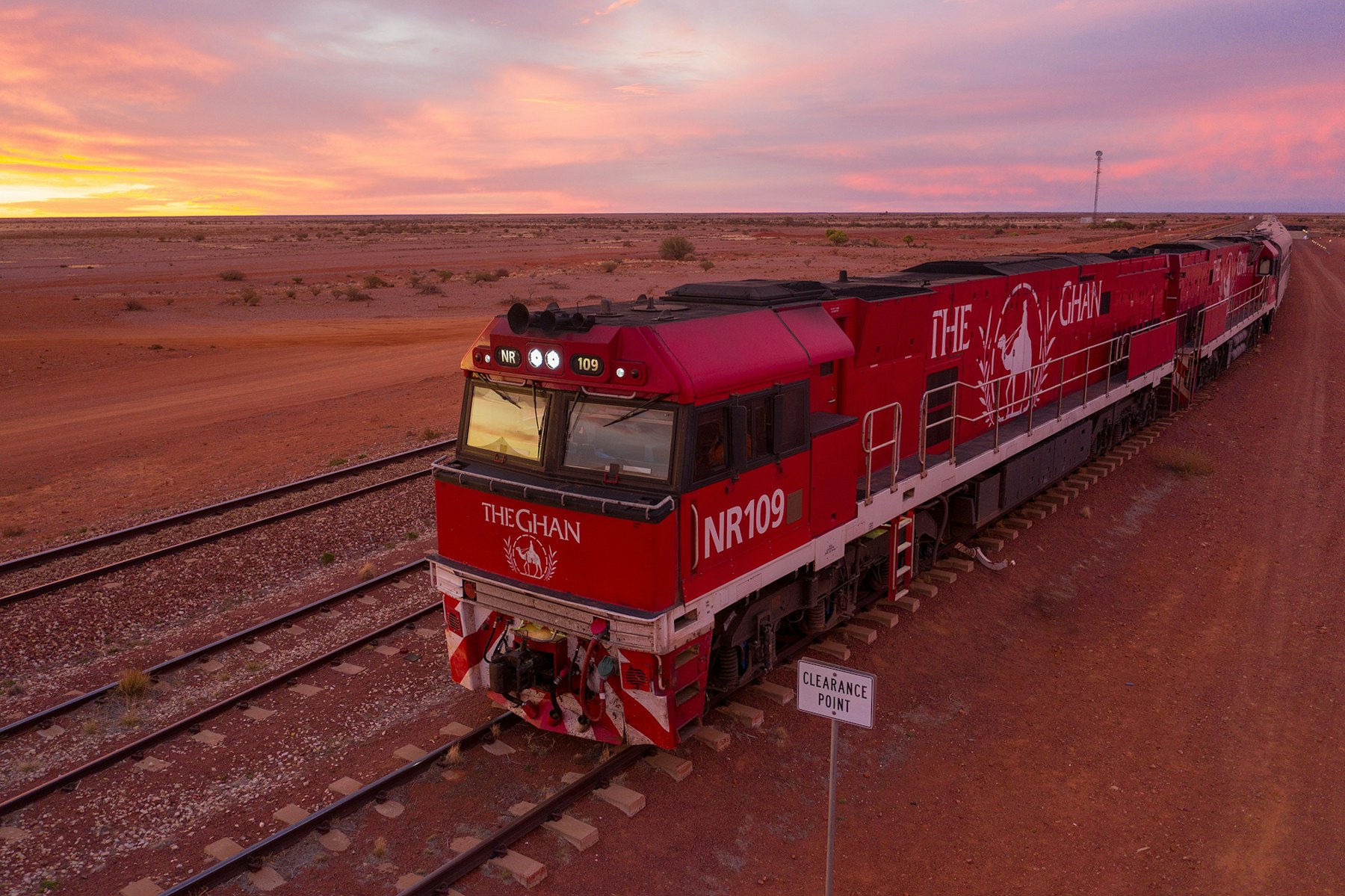 The Ghan expedition train crossing the Australian Outback