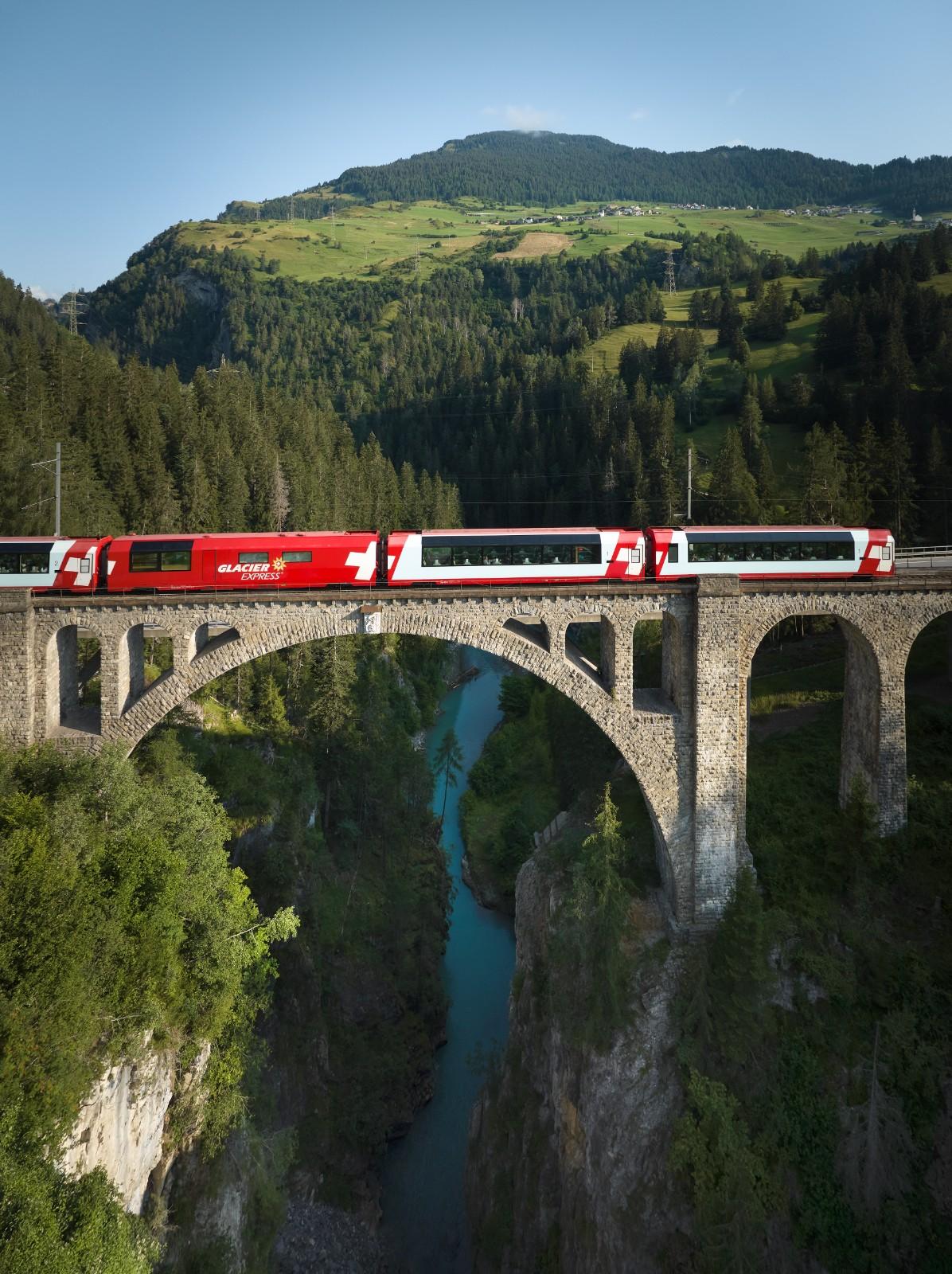 Glacier Express crossing the Landwasser Viaduct in Switzerland
