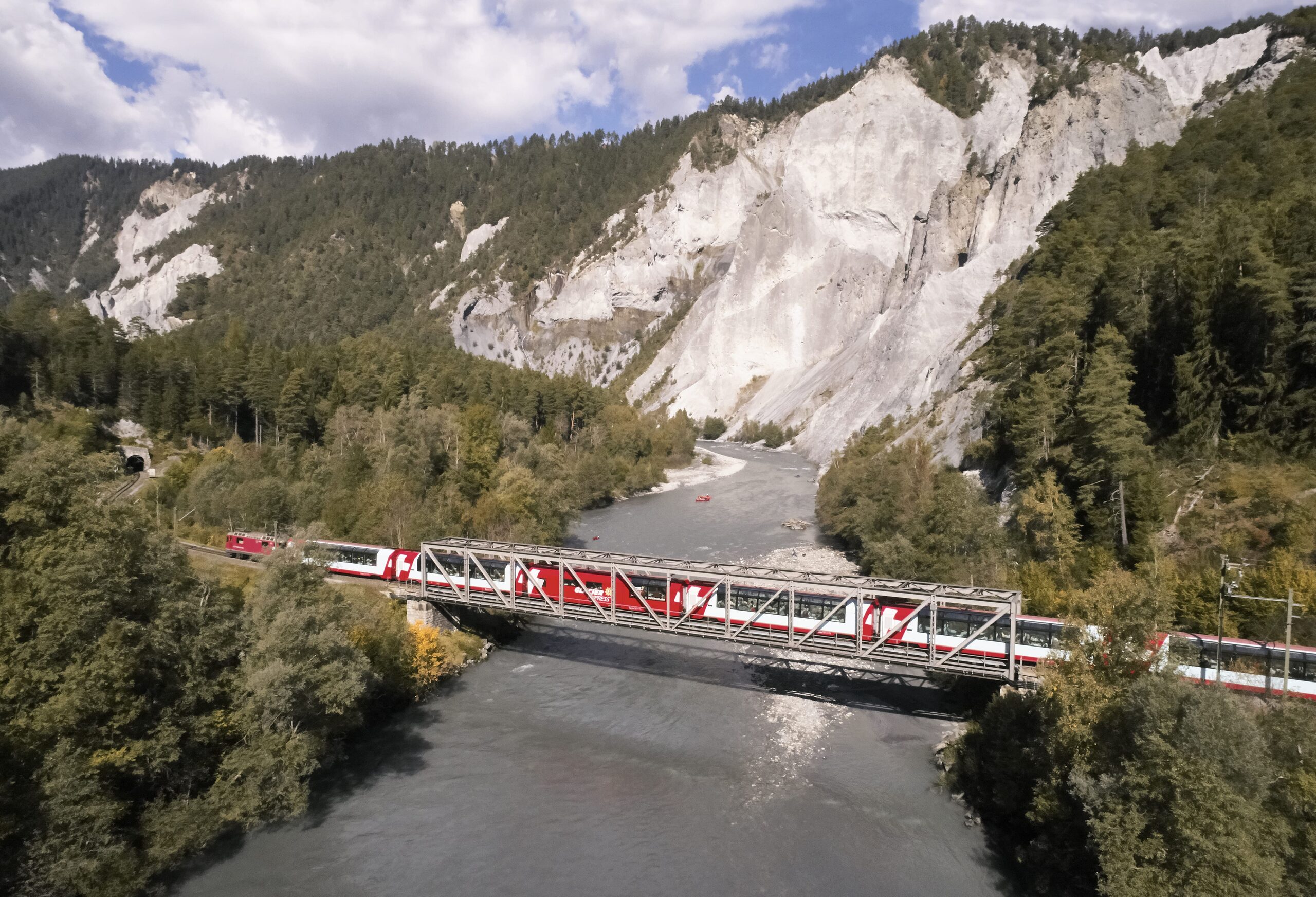 Glacier Express beside the Rhine Gorge landscape