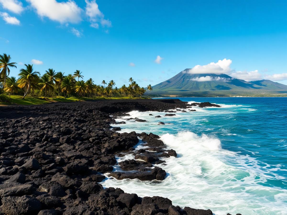 Hawaiian coastline with tropical mountains and blue Pacific water