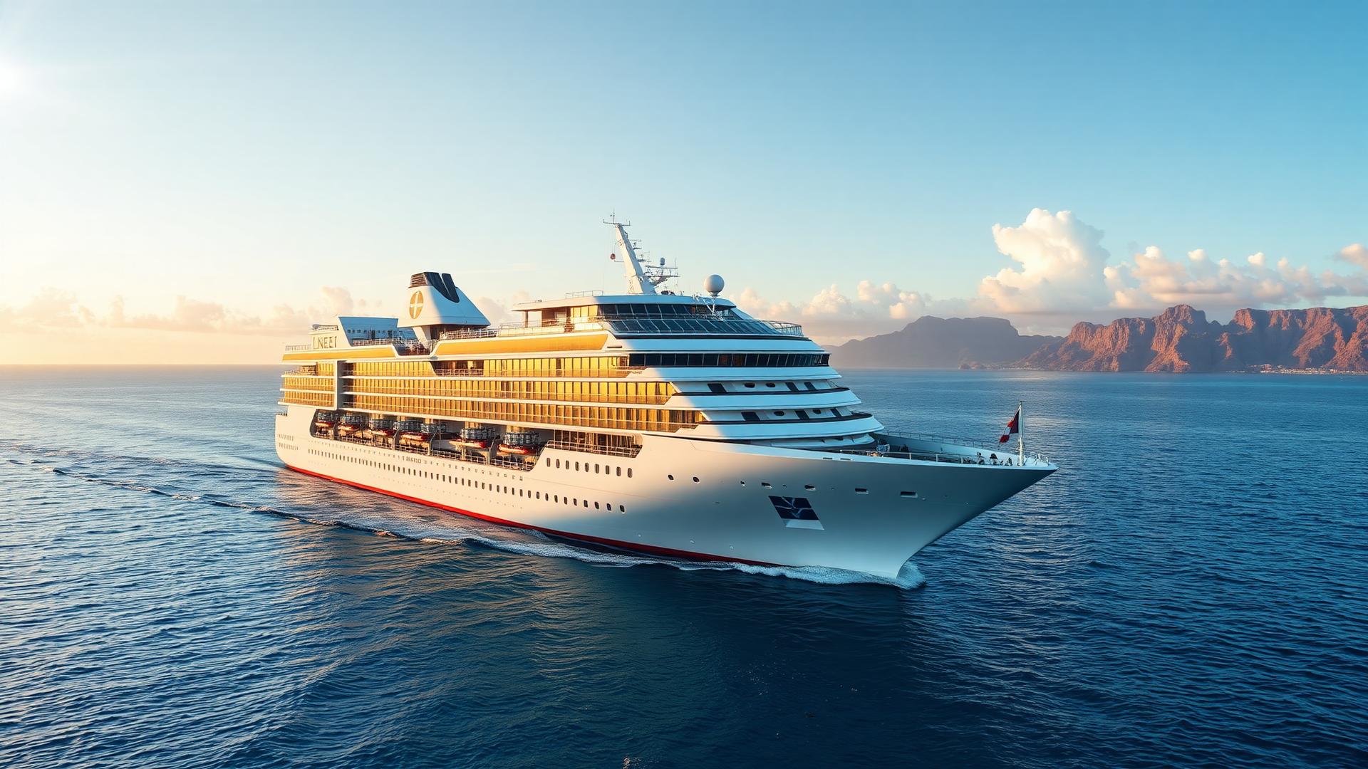 Ocean cruise ship sailing through clear blue water