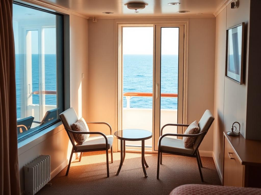 Comfortable cruise ship balcony stateroom overlooking the ocean