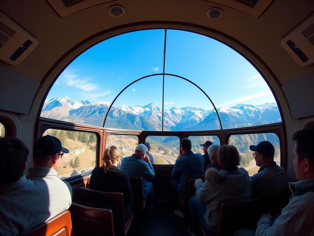 Rocky Mountaineer-style glass-dome train traveling through mountain scenery