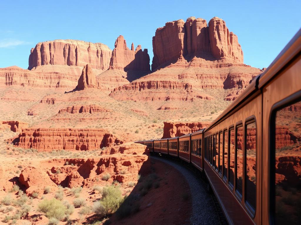 Long-distance passenger train crossing a wide landscape