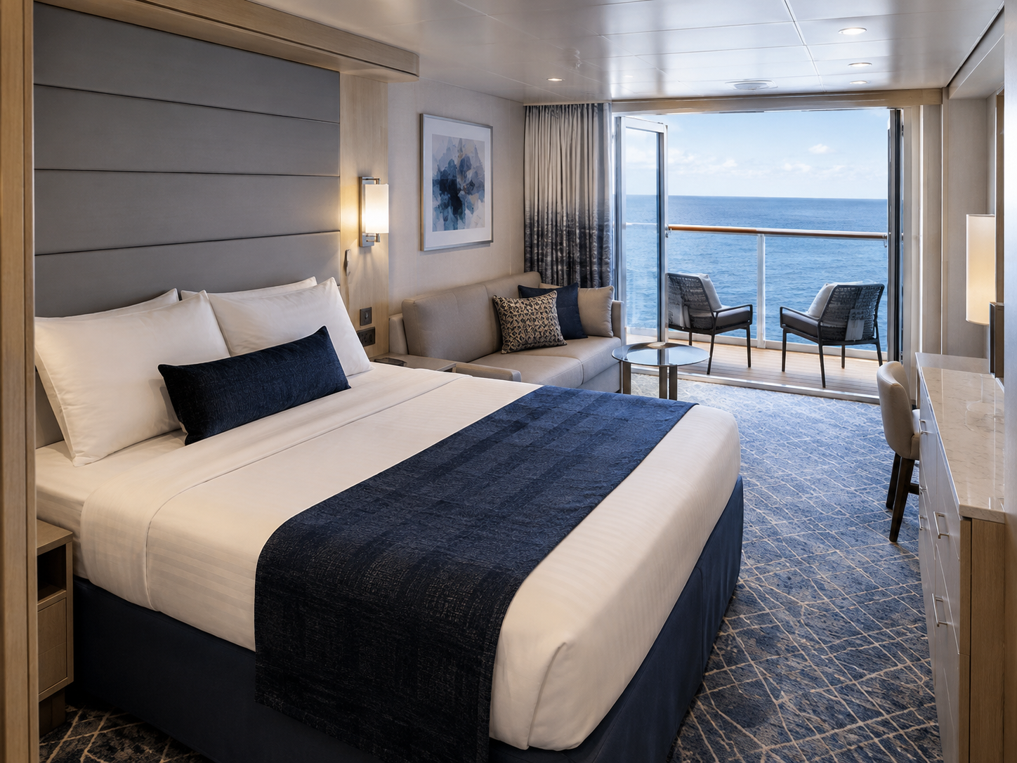 Representative balcony cruise stateroom with private outdoor seating and ocean view