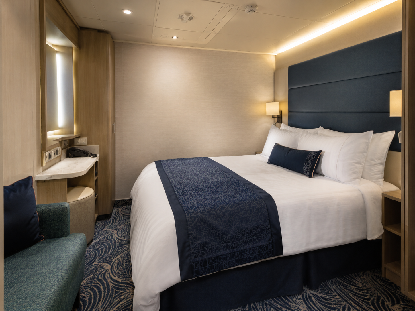 Representative modern interior cruise stateroom without an exterior window