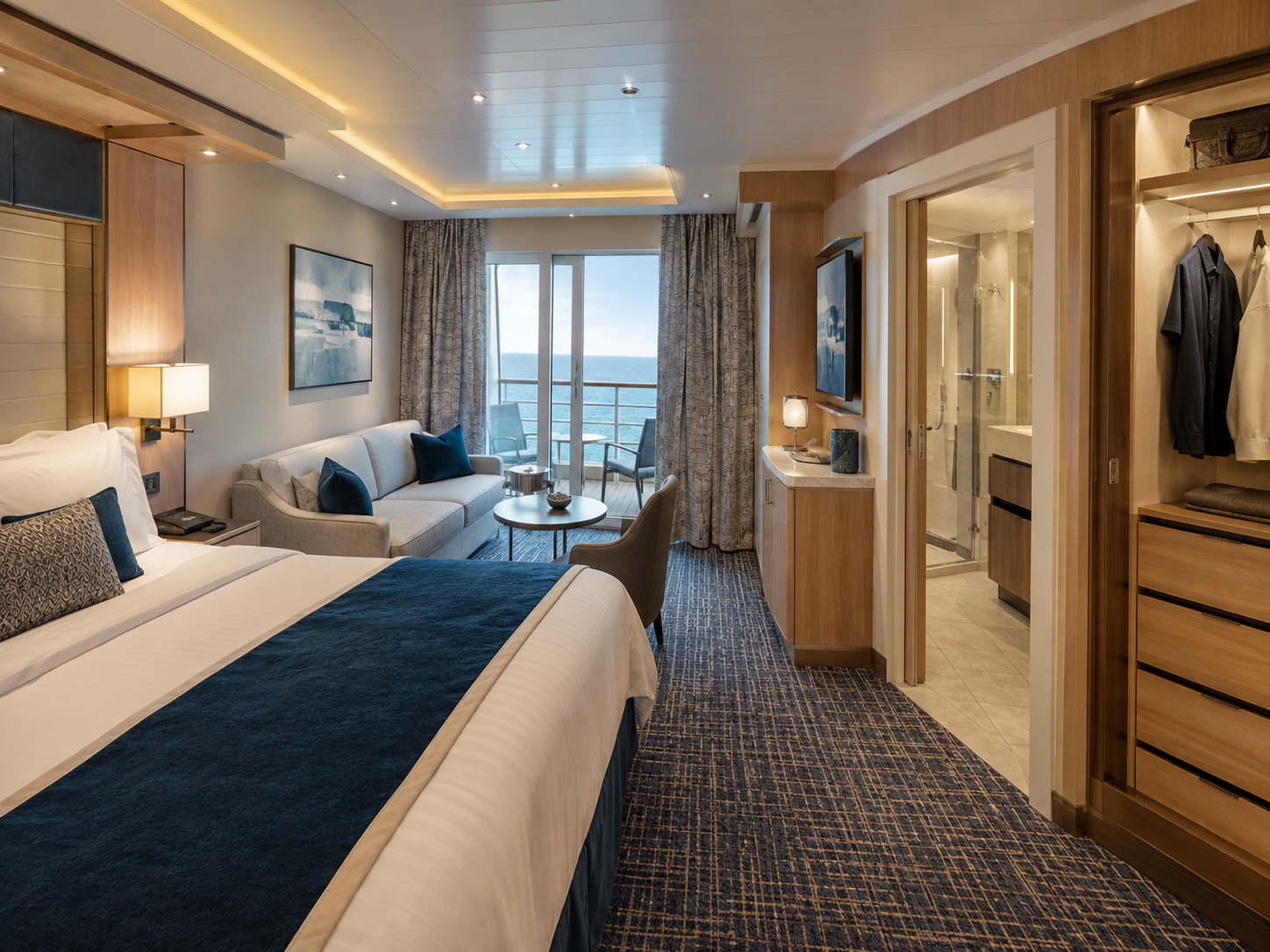 Representative junior cruise suite with a larger sitting area and private balcony