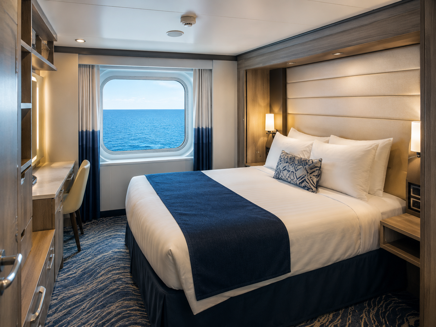 Representative ocean view cruise stateroom with a large window overlooking the sea