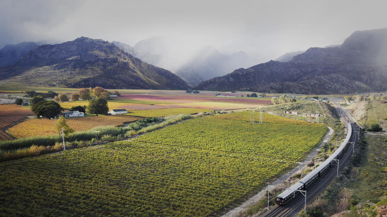 Authentic Rovos Rail journey through the Hex River Valley toward Cape Town