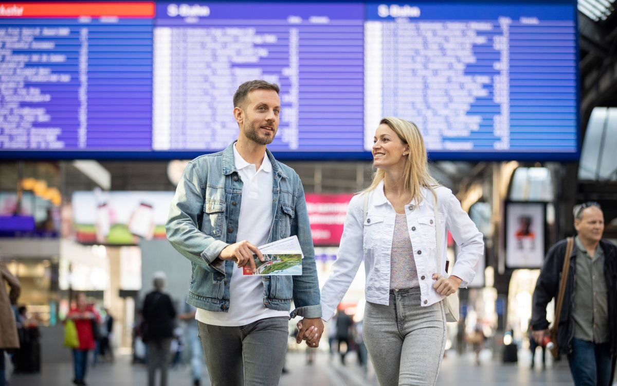 Travelers using Swiss public transportation in Zurich